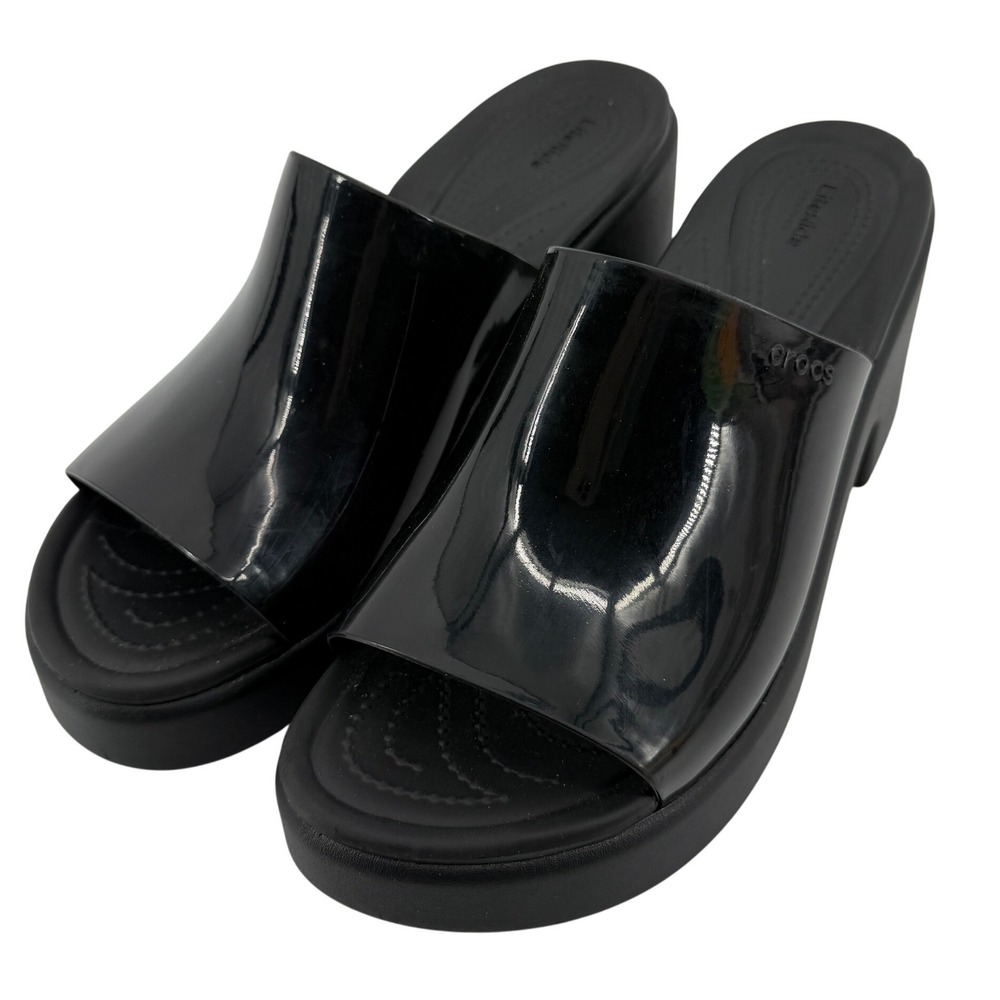 Crocs Brooklyn Slide Block High Shine Heel Sandals Black Women 11 Chunky Y2K